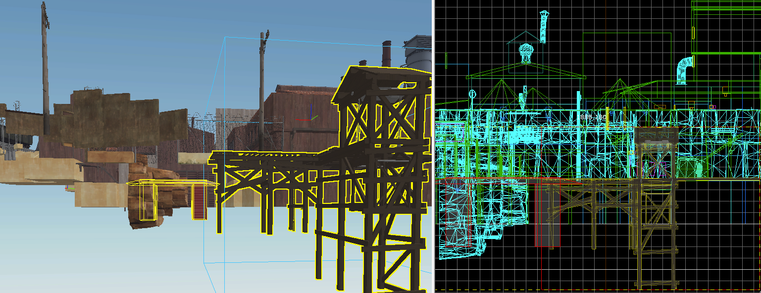 Left: The Structure 01 model being aligned in the 3D view in Hammer. Right: Grid view, showing that the bottom of the bridge and the bottom of Structure 01 lines up.