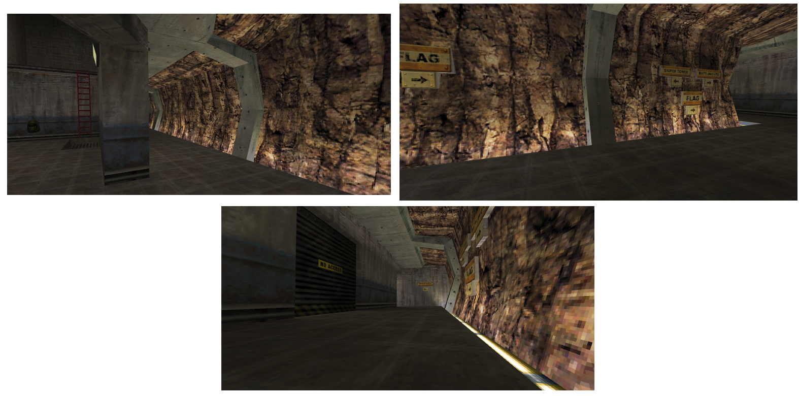 Left: Team Fortress Classic Badlands flag room, depicting the hallway leading out to the battlements. Right: Hallway leading to the battlements, facing the flag room. Bottom: Alternate angle of the hallway leading to the battlements.